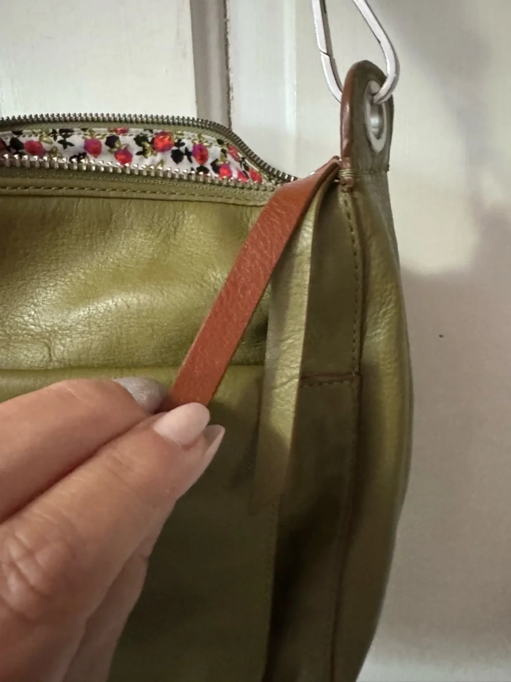 Vera Bradley Olive Leather Hobo Shoulder Bag with Brown Strap
